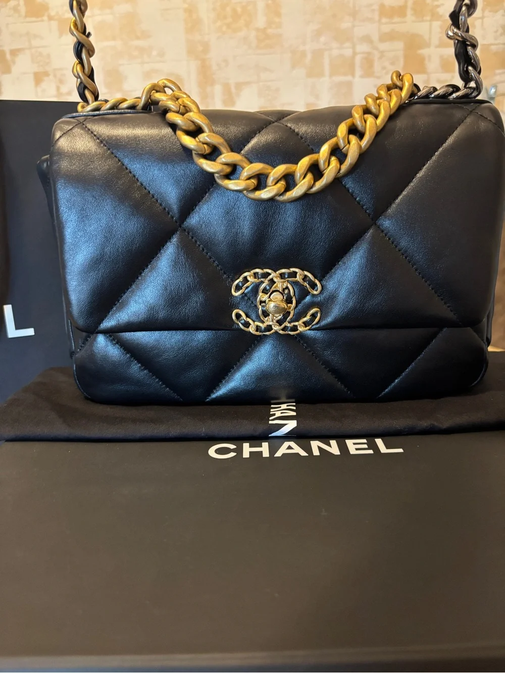 Chanel 19 Handbag. Shiny Lambskin, Gold Tone, Silver-Tone & Ruthenium-Finish